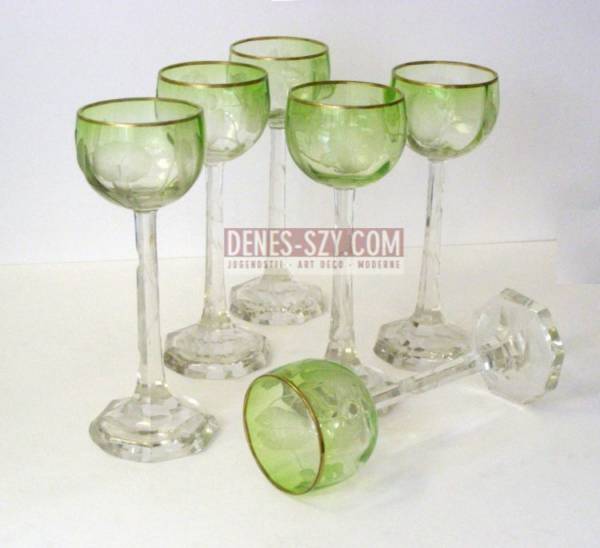 Art Nouveau 1900 wheel carved crystal vine glasses by Moser Karlsbad